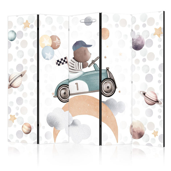 Room Divider - Galactic Races - Bear Participating in Car Races Among Planets - Clouds - and Stars in Pastel Hues