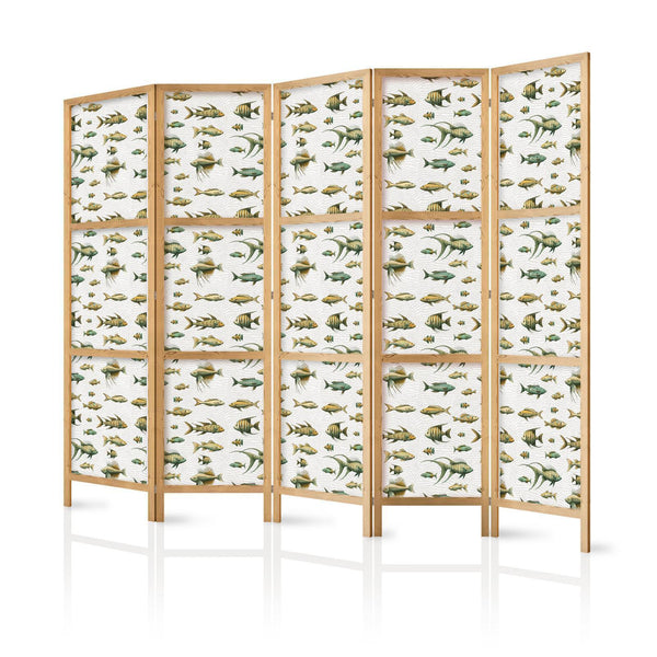 Japanese Room Divider - Fish in Beige Tones - Various Species of Fish in Beige-Brown Colors Presented in Vintage Style on a Light Background