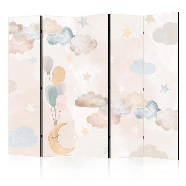 Room Divider - Fairy-Tale Moon - Moon with Balloons Among Clouds and Stars in Subdued Colors on a Light Beige Background