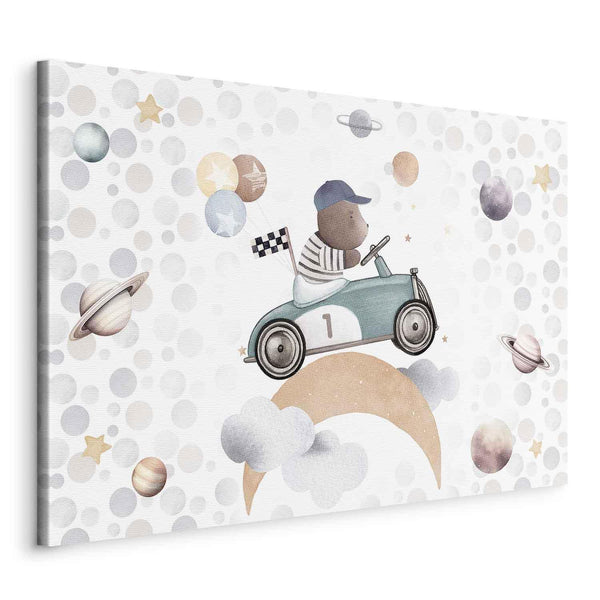 Canvas Print - Galactic Races - A Bear Participating in Car Races Among Planets Clouds and Stars in Pastel Hues