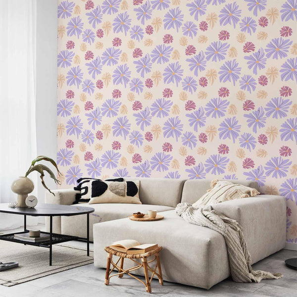 Wallpaper - Floating Flowers - Tiny - wind-borne flowers in three colors - on a light background