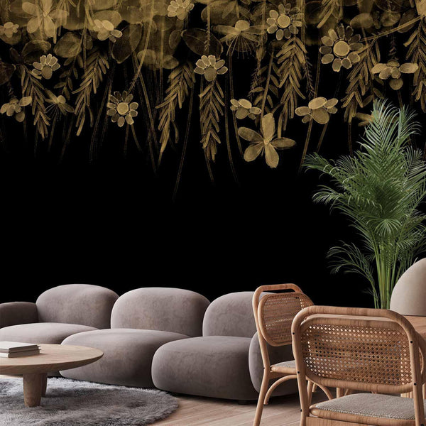 Wall Mural - Nature landscape - black abstract nature motif with flowers in sepia