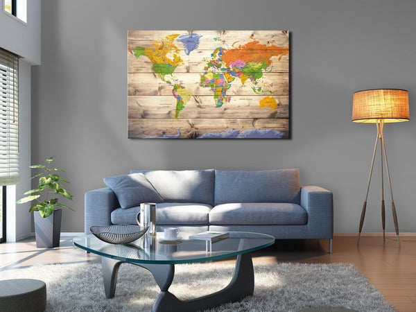 Decorative Pinboard - Map on wood: Colourful Travels