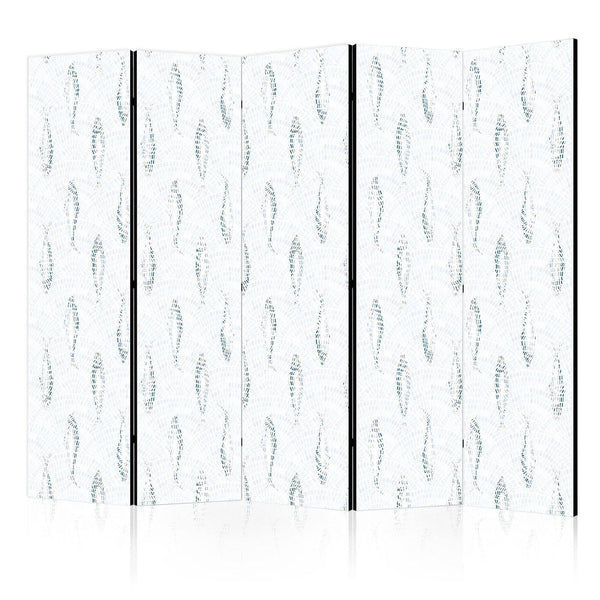 Room Divider - Delicate Blue Fish - Mosaic Fish in Subtle Blue Color Shades with an Arched Pattern in the Background