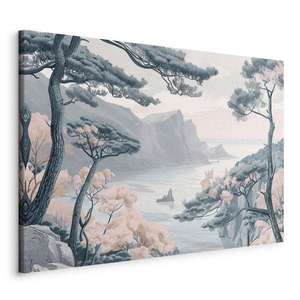 Canvas Print - Mountainous Coast with Trees and Rocks in Light Pastel Blues