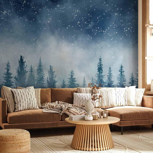 Wall Mural - Night landscape - landscape of a misty forest at night with a starry sky