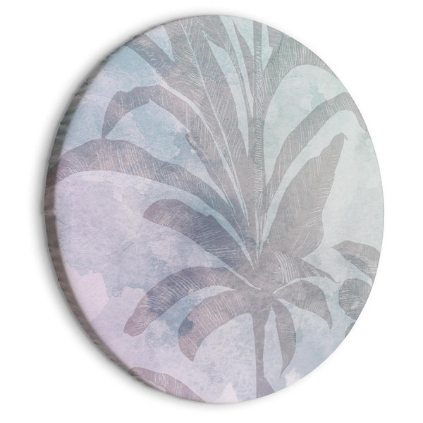Round Canvas Print - Palm trees in the fog - Palm trees among pastel clouds in purple and celadon tones/Misty tropics