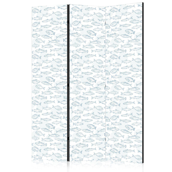 Room Divider - Blue Fish - Blue Outlines of Various Species of Fish on a White-Blue Background