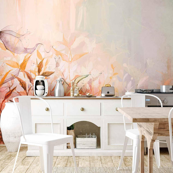 Wall Mural - Flaming meadow - nature landscape with meadow of flowers and leaves in watercolour style