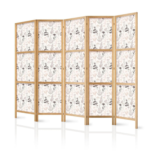 Japanese Room Divider - Botanical Illustration - Drawing of Flowers and Herbs - Beige Grays