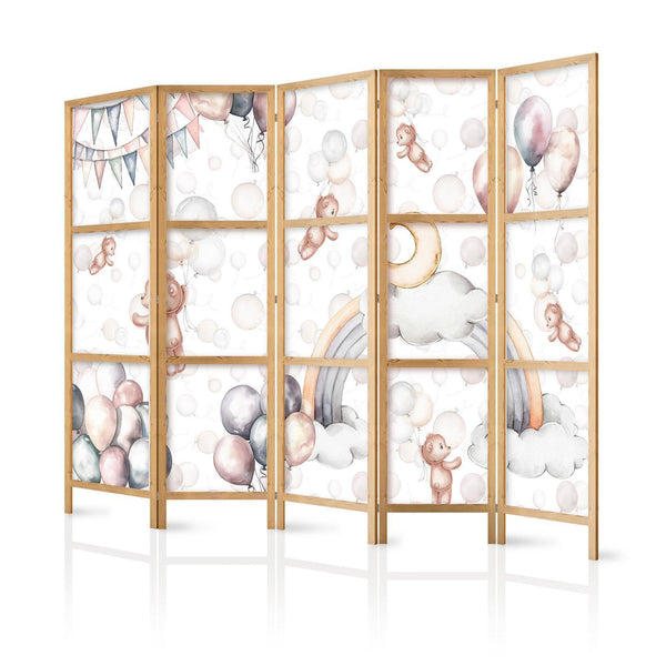 Japanese Room Divider - Plush Bears with Balloons - Flying light-brown bears among balloons - clouds - and rainbows in subdued - pastel colors