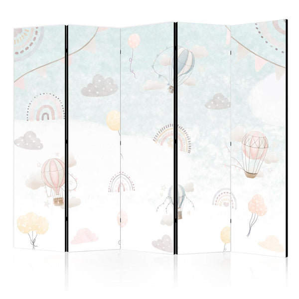 Room Divider - Balloons in the Sky - Balloons in Pastel Colors Flying Through a Cloudy Sky - Among Rainbows and Stars