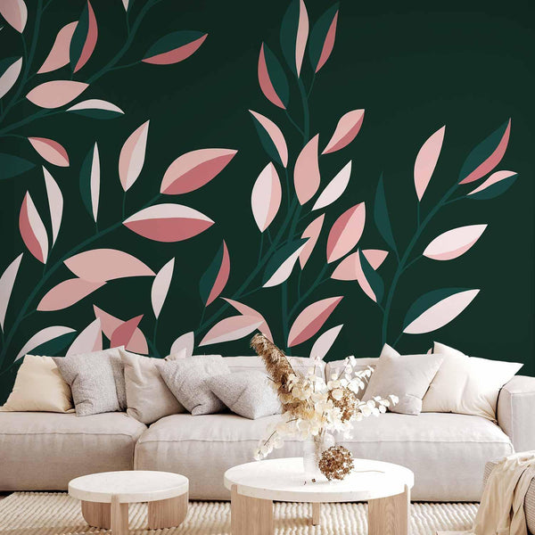 Wall Mural - Flowering vine - minimalist climbing leaves on a green background