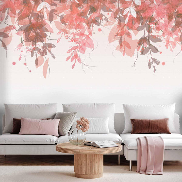 Wall Mural - Under vegetation - hanging vines of pink leaves on a neutral background