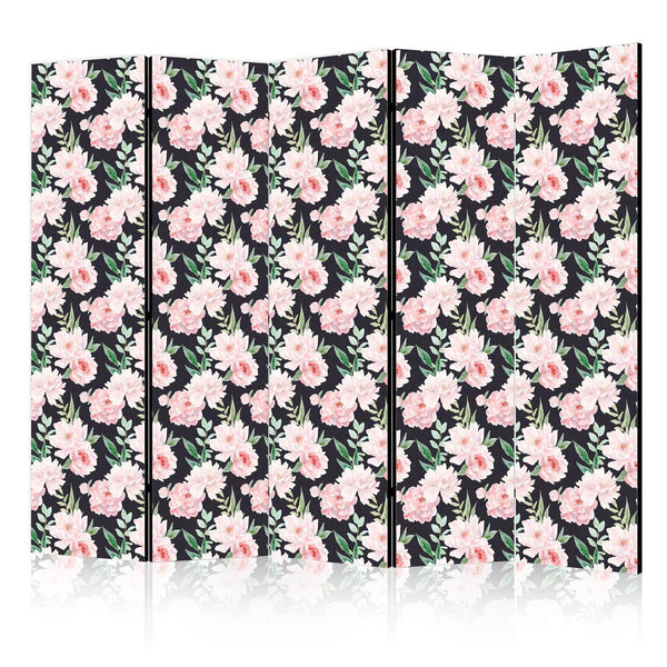 Room Divider - Peonies - Pink Flowers and Green Leaves on a Graphite Background