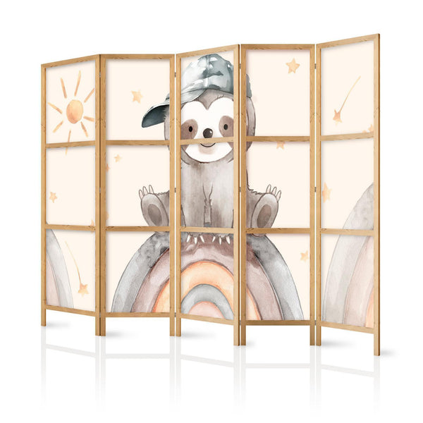 Japanese Room Divider - Happy Sloth - Sloth in muted colors - wearing a cap - sitting on a rainbow among the stars