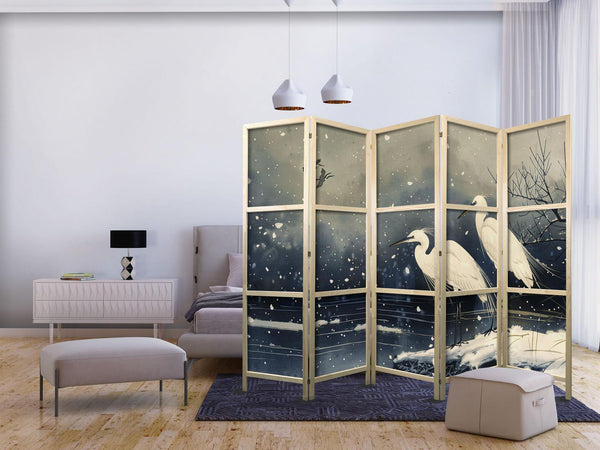 Japanese Room Divider - Herons over a winter pond - Japanese-style illustration in dark colours