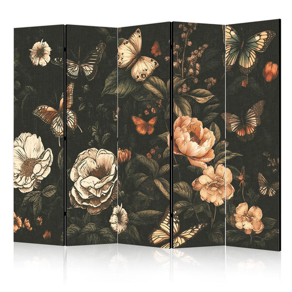 Room Divider - Mysterious Garden - Butterflies Flying Over Flowers - Rustic Evening