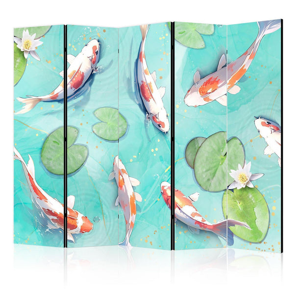 Room Divider - Spectacular Koi Fish - White-Orange Koi Fish Swimming in Crystal Clear Water With Water Lilies