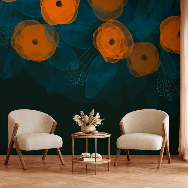 Wall Mural - Watercolour composition - orange patterns on a delicate leaf background