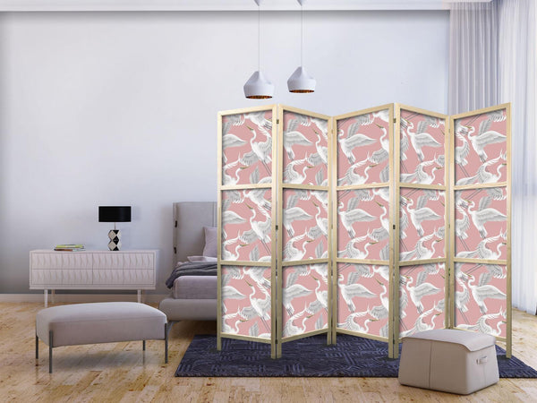 Japanese Room Divider - Pastel birds - a delicate pattern of white and grey herons on a light pink background