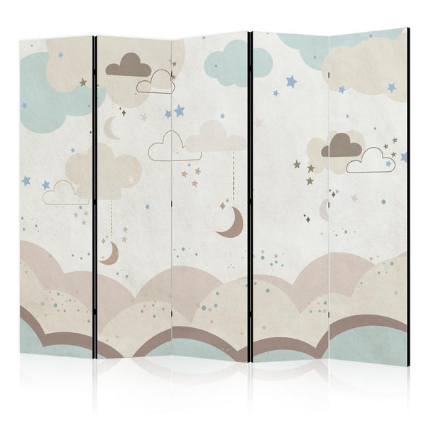 Room Divider - Cloudy Night Sky - Moons in Browns and Beiges Amid Numerous Clouds and Stars on a Light Background