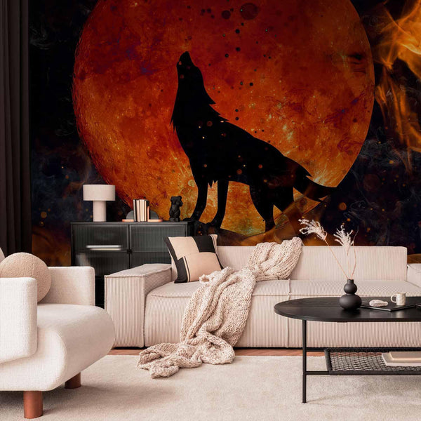Wall Mural - Wild nature - wolf on a background of a red moon in flames of fire