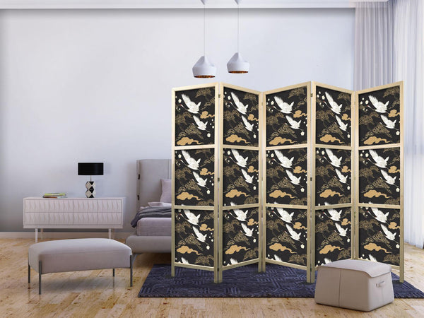 Japanese Room Divider - Oriental impressions - decorative pattern with a motif of flying cranes on a dark background