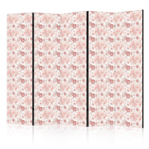 Room Divider - Pink Blossoming - Flowers in Warm Colors on a White Background