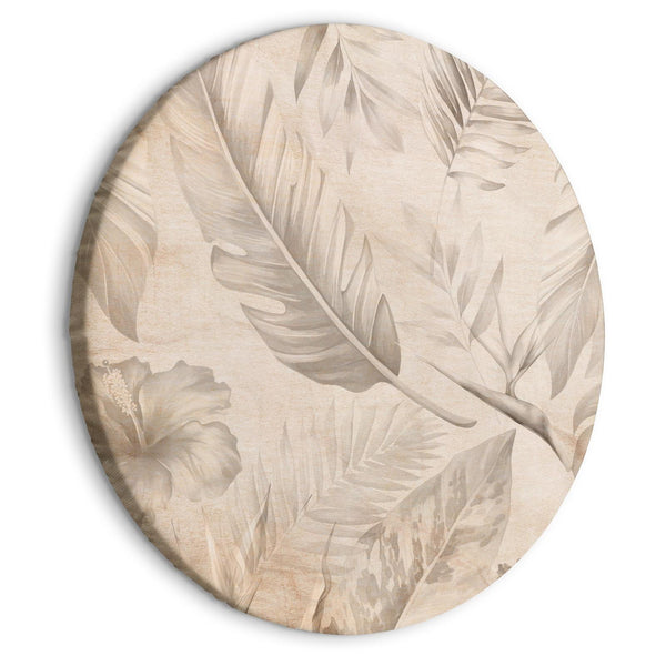 Round Canvas Print - A multitude of exotic leaves and flowers - A subtle composition of tropical plant species maintained in sepia tones/Tropics in sepia