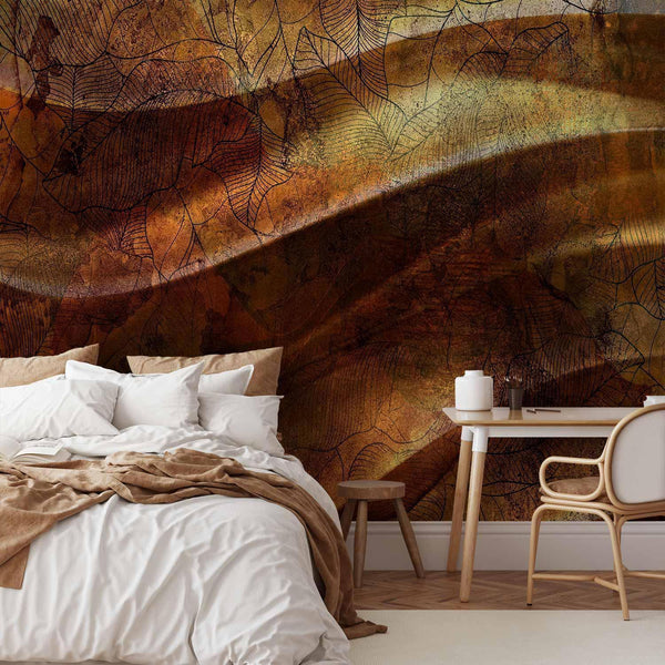 Wall Mural - Liquid gold - abstract wavy composition with leaf patterns