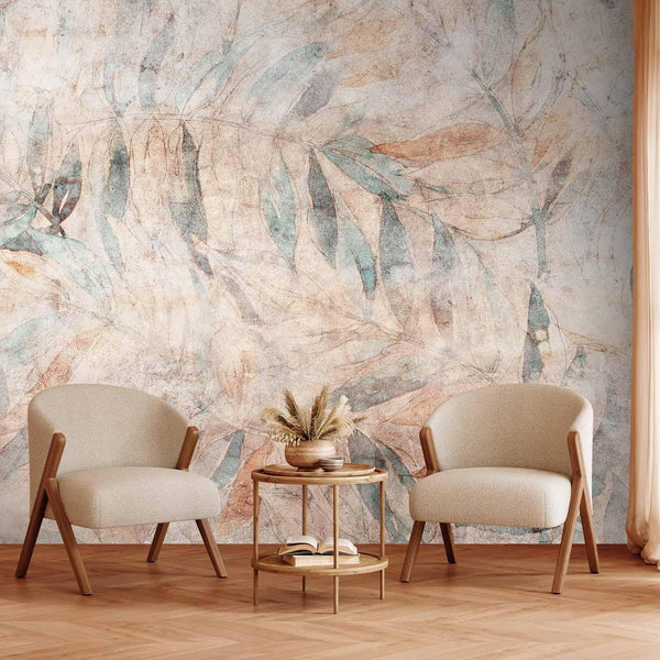 Wall Mural - Greek laurels - faded composition with leaves on a beige patterned background