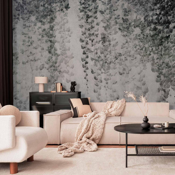 Wall Mural - Peaceful oasis - landscape of hanging black leaf vines on a grey background
