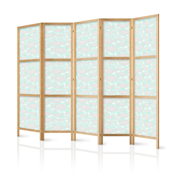 Japanese Room Divider - Minimalist Fish - Fishes From Grey Dots Against a Crystal Sheet of Water in Mint Green Colors