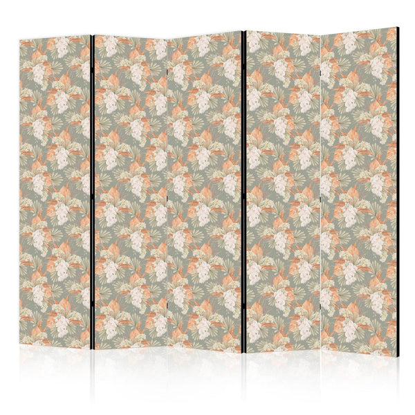 Room Divider - Little Bouquets - Exotic Flowers and Leaves on a Gray-Green Background
