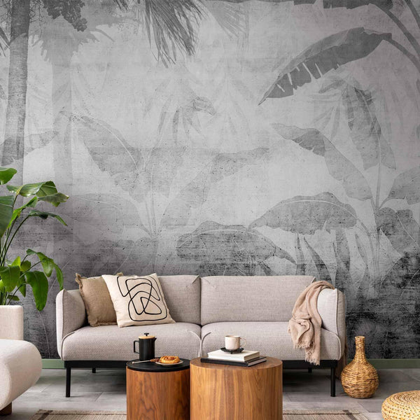 Wall Mural - Vanishing jungle - landscape of exotic trees and leaves in grey tones