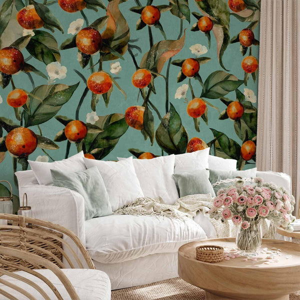 Wall Mural - Orange grove - plant motif with fruit and leaves on a blue background
