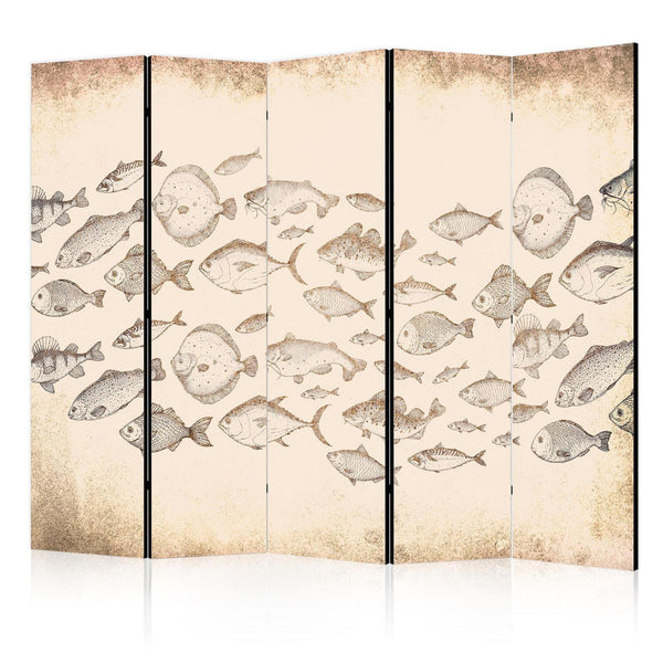 Room Divider - Sketch of a Fish School - Sketches of Various Fish Species Swimming in a School on a Beige Background in Vintage Style