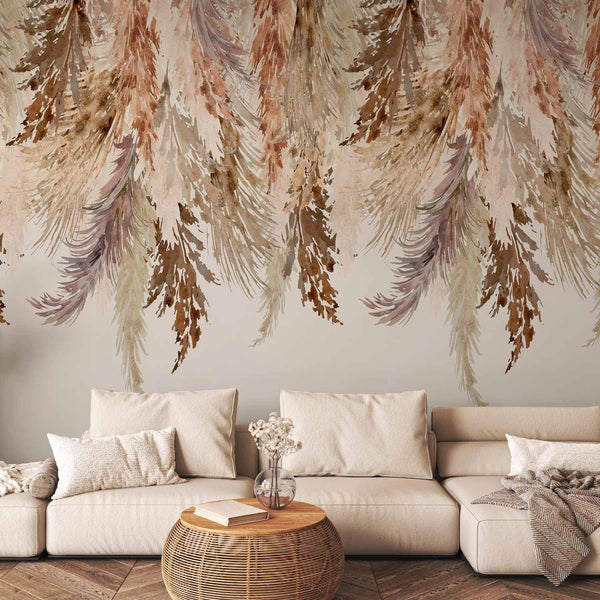 Wall Mural - Minimalist boho landscape - dangling leaves in beige colours