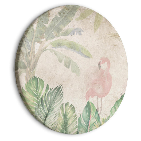 Round Canvas Print - Birds wading among exotic flora - Flamingos amidst lush tropical vegetation in soft pastel shades of green/Birds in the jungle