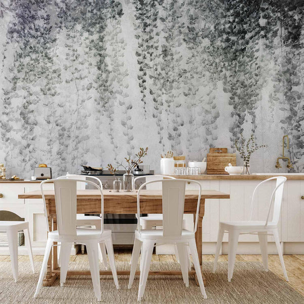 Wall Mural - Peaceful oasis - landscape of hanging black leaf vines on a grey background