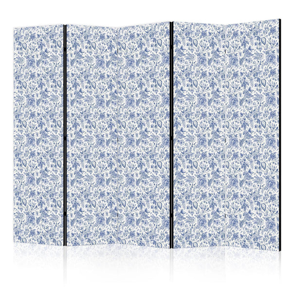 Room Divider - Illustration in Vintage Style - Blue Flowers on a White Background