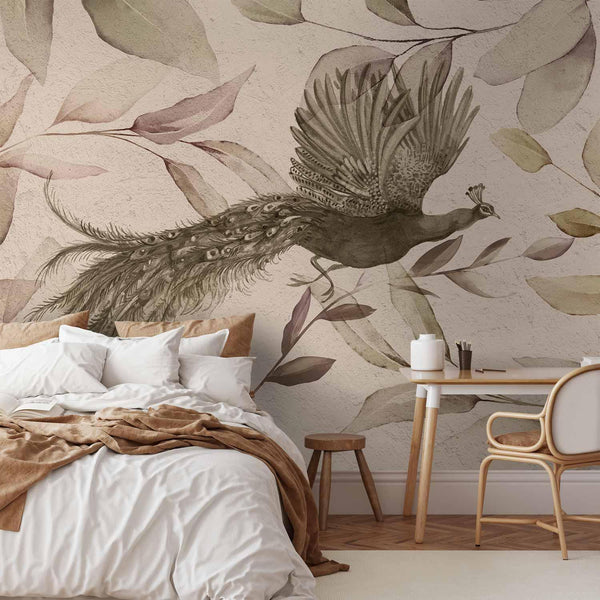 Wall Mural - Bird among the leaves - floral motif with a flying peacock in cool tones