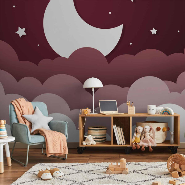 Wall Mural - Moon dream - clouds in a maroon sky with stars for children