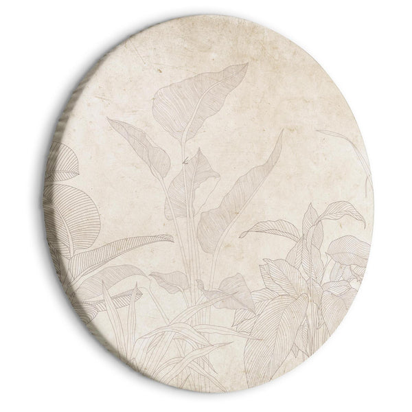Round Canvas Print - Muted exotic greenery - Delicate outlines of tropical shrubs on beige and sand background/Subtle exotic plants