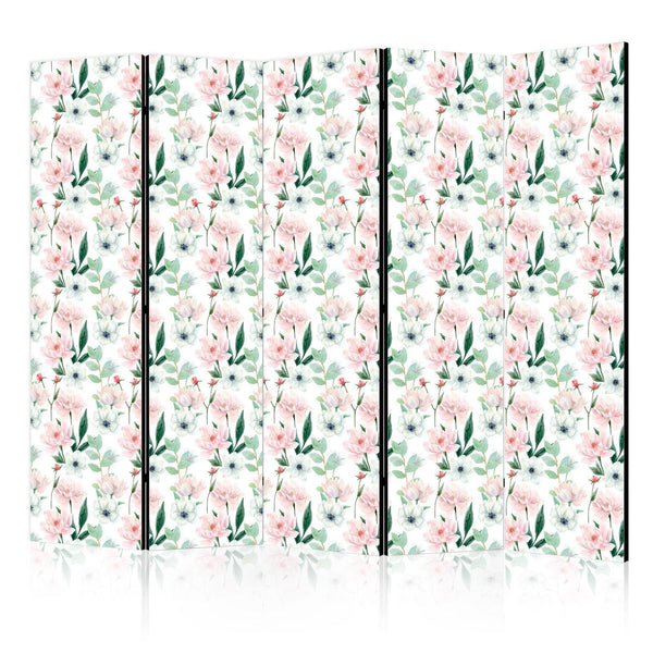 Room Divider - Peonies - Pink and White Flowers and Green Leaves on a White Background