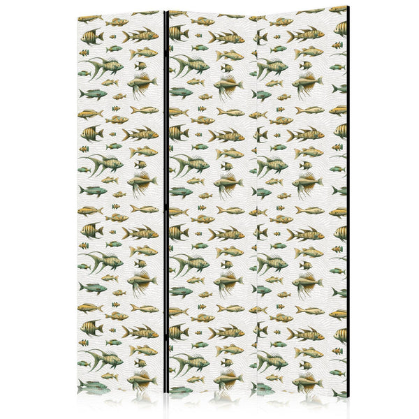 Room Divider - Unusual Species of Fish - A Cluster of Fish in Muted Colors in Retro Style on a Background of Beige Strokes