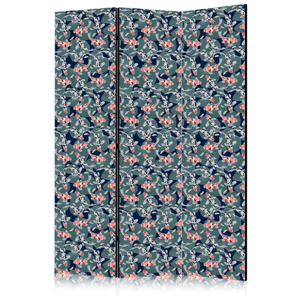 Room Divider - Fish Among Leaves - Colorful Koi Fish Among Dark Green Water Lily Leaves on a Navy Blue Water Surface