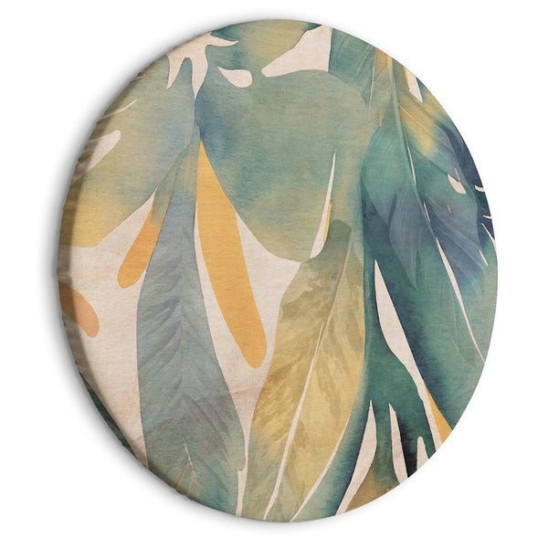 Round Canvas Print - Watercolor exotics - Hanging delicate tropical plants in colors of green and yellow on a beige background/Watercolor tropics