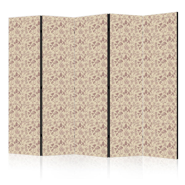Room Divider - Beige Nature of the Forest - Mushrooms Flowers and Herbs on a Light Background